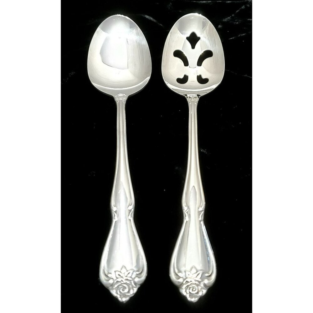 Oneida Rogers True Arbor Rose 2 Serving Spoons Stainless Solid Pierced Utensil